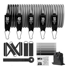 Load image into Gallery viewer, Workout Bands (Set of 5), Rubber Bands (Set of 5), 2 x Ankle Straps, 2 x Foam Handles, 1 x Door Anchor 1 x Travel Bag, Instructions For Use